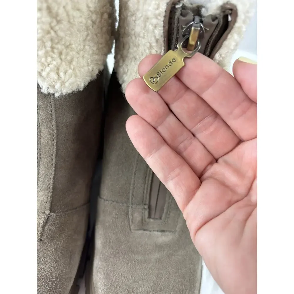 Blondo Plaza Suede Ankle Boots Taupe Tan Sheepskin 8 Zip Up Lug Sole